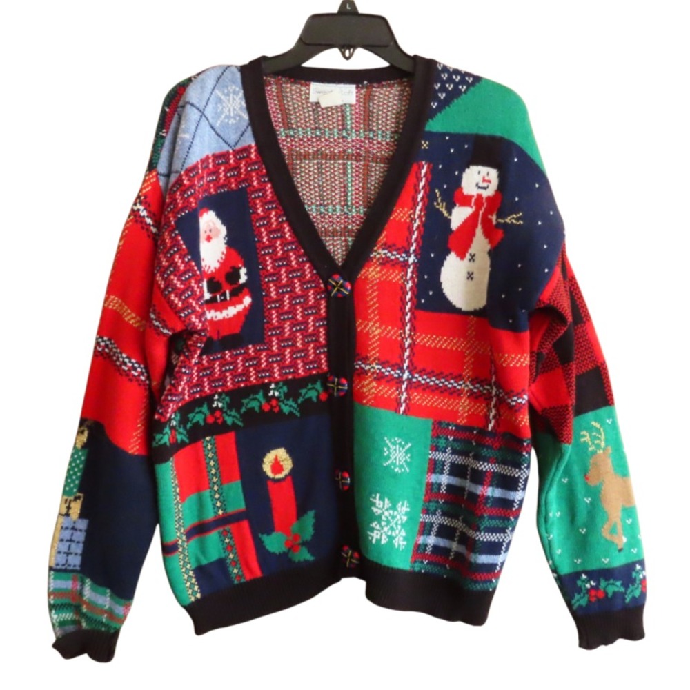 VTG SWEATER LOFT Christmas Cardigan COLORBLOCK PLAID SANTA Heart Buttons SIZE L